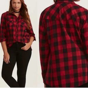 Torrid Women's Red Black Plaid Button Up Long Sleeve Plaid Twill Camp Shirt 1X
